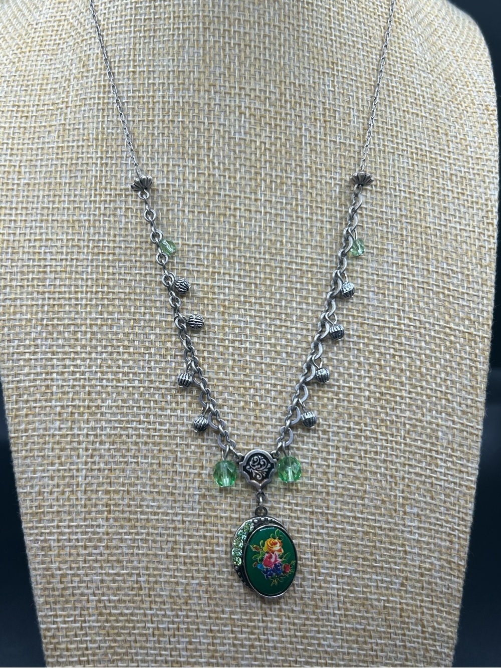 Silver-Tone Green Floral Pendant Necklace & Earring Swarovski Crystals - Orna - Picture 2 of 4